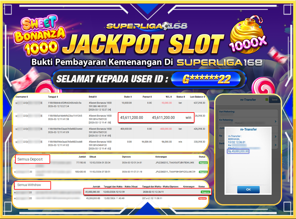 SUPERLIGA168 JACKPOT SWEET BONANZA 1000 Rp.45,000,000.LUNASSS